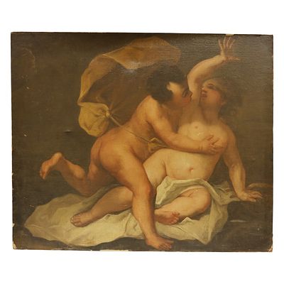 Large Baroque Eros and Anteros Old Master Painting. Item/Description: Baroque-style oil painting 