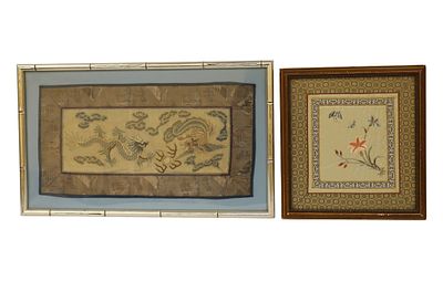 Framed Chinese Textile Panels Pairing. Item/Description: Two framed Chinese panels. Includes: 