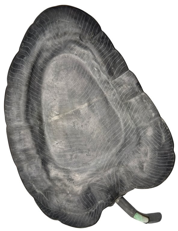 Chinese Qing Pewter & Jade Leaf