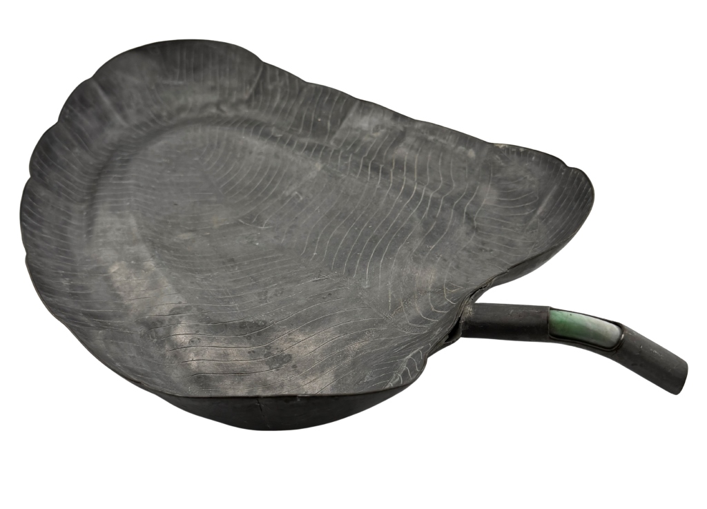 Chinese Qing Pewter & Jade Leaf