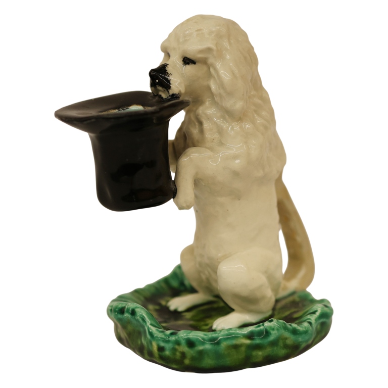 Sarreguemine Majolica Chamberstick - Dog with Hat