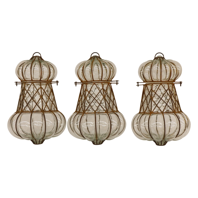 Three Venetian Bubble Glass Caged Pendant Lanterns