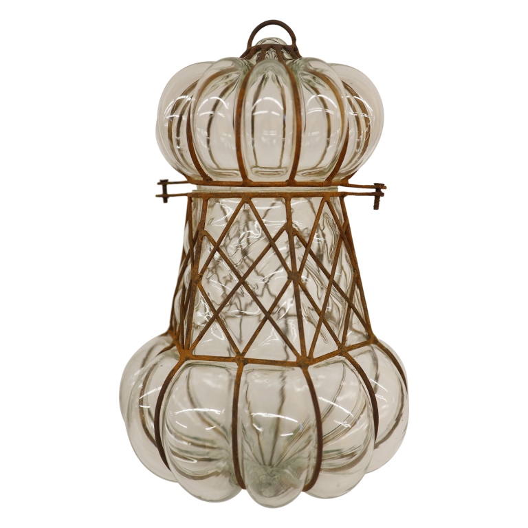 Three Venetian Bubble Glass Caged Pendant Lanterns