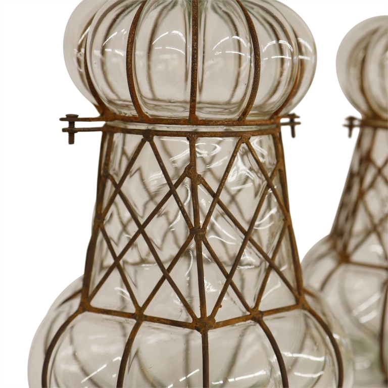 Three Venetian Bubble Glass Caged Pendant Lanterns