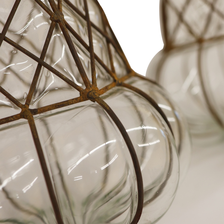 Three Venetian Bubble Glass Caged Pendant Lanterns