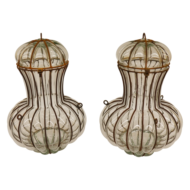 Pair of Venetian Caged Glass Onion Lanterns