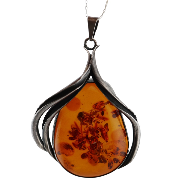 Modernist Sterling Silver Baltic Amber Pendant