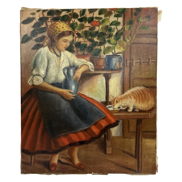 European Oil Painting - Young Girl with Cat