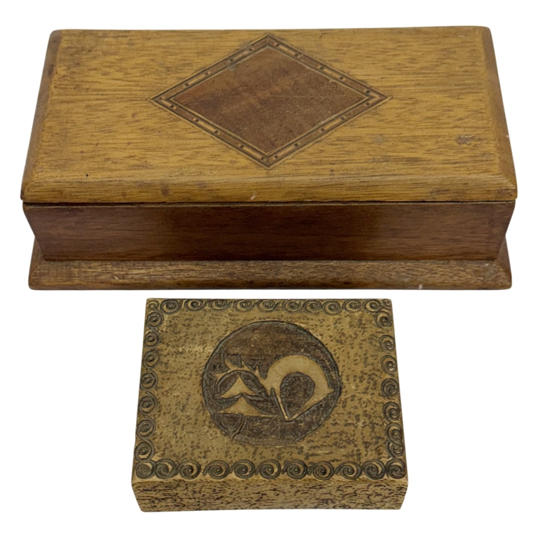 Art Deco Pyrography & Marquetry Wooden Boxes