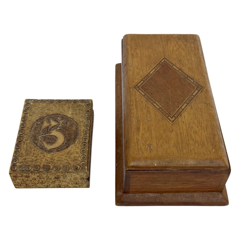 Art Deco Pyrography & Marquetry Wooden Boxes