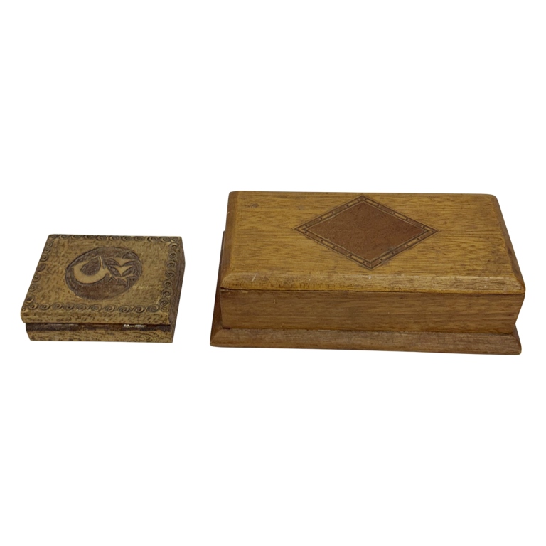 Art Deco Pyrography & Marquetry Wooden Boxes