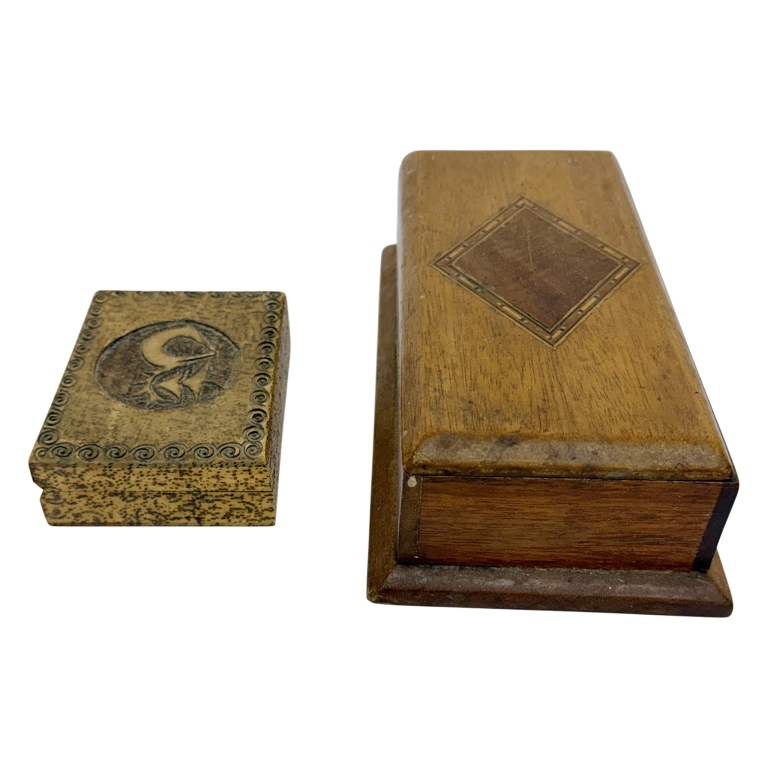 Art Deco Pyrography & Marquetry Wooden Boxes