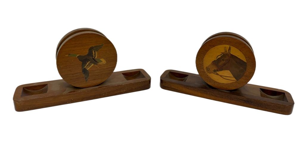 Pair of MCM Horse & Duck Marquetry Coaster Sets