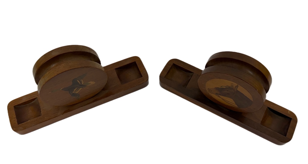 Pair of MCM Horse & Duck Marquetry Coaster Sets