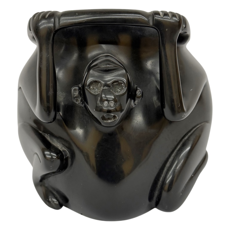 Aztec Style Black Obsidian Monkey Vessel Replica