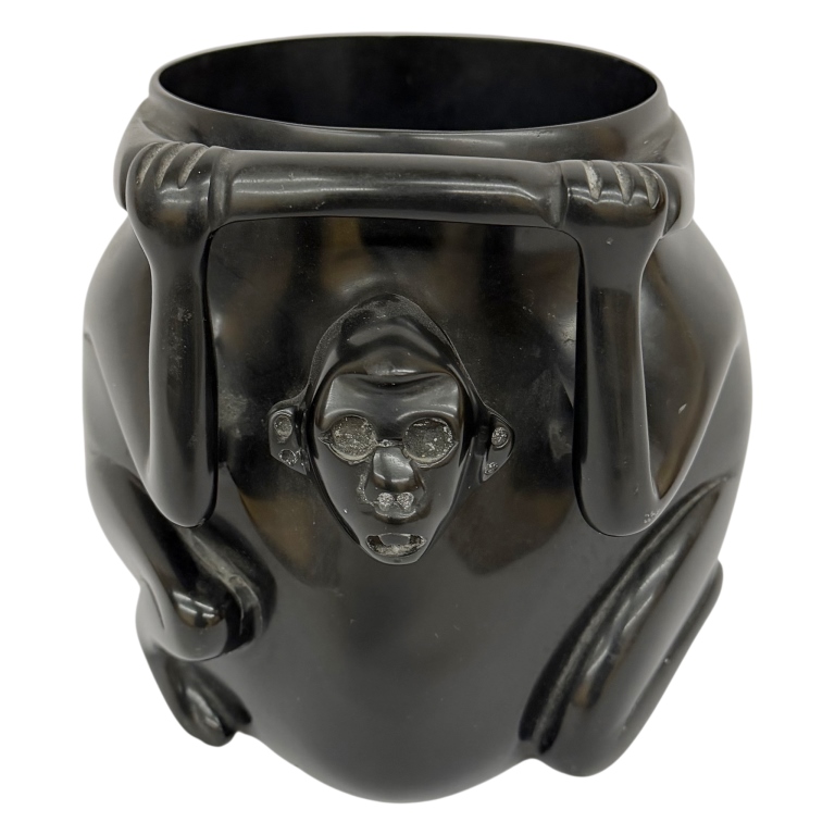 Aztec Style Black Obsidian Monkey Vessel Replica