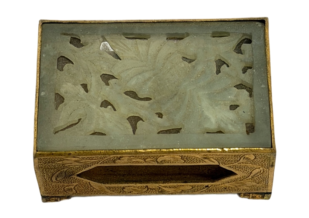 Chinese Engraved Brass & Jade Matchbox Case