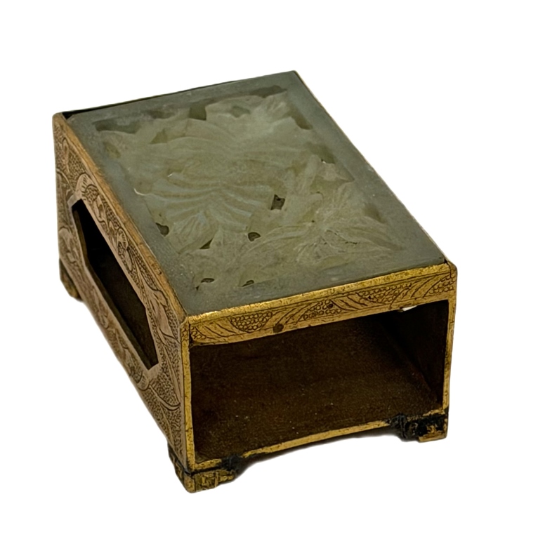 Chinese Engraved Brass & Jade Matchbox Case
