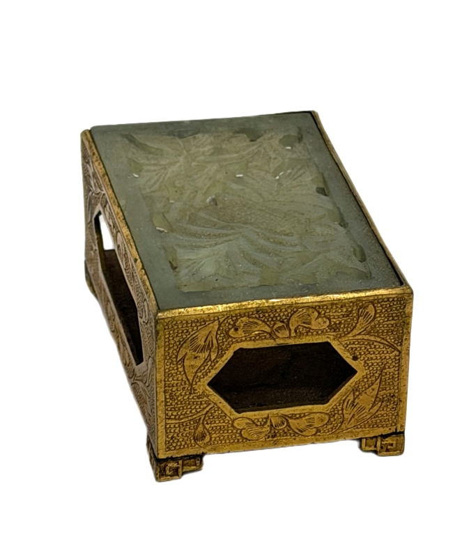 Chinese Engraved Brass & Jade Matchbox Case