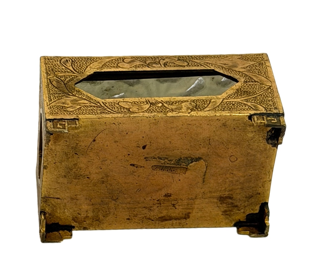 Chinese Engraved Brass & Jade Matchbox Case
