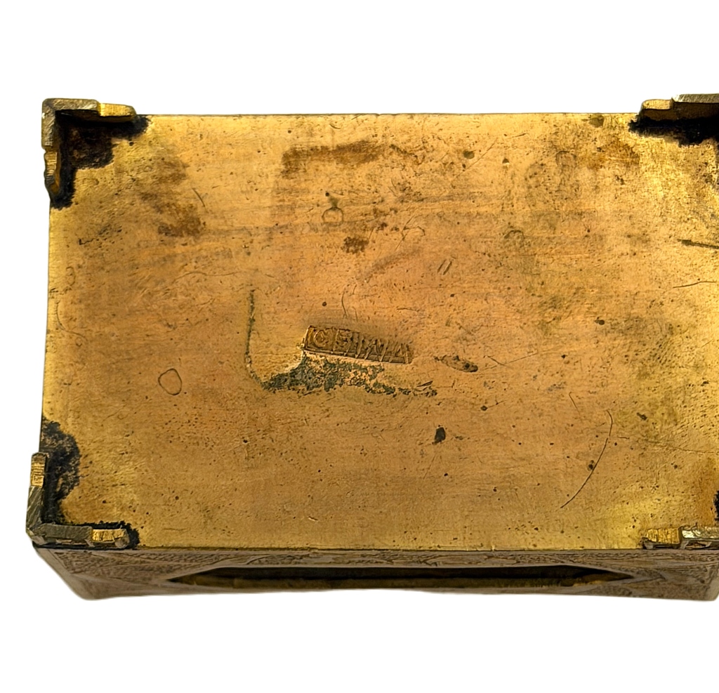 Chinese Engraved Brass & Jade Matchbox Case