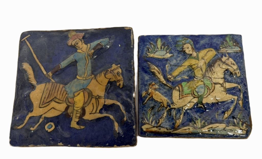 Persian Qajar Equestrian Cobalt Fritware Tiles