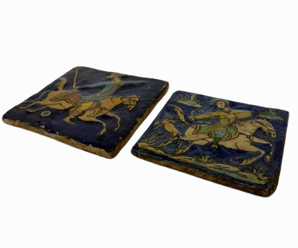 Persian Qajar Equestrian Cobalt Fritware Tiles