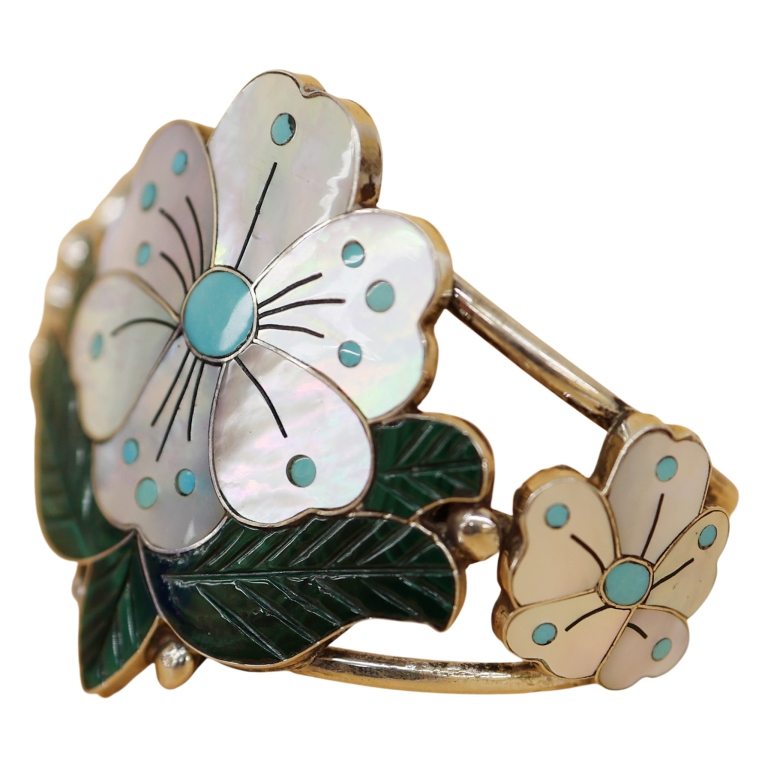 Sonny Wallace Zuni Sterling Inlaid Floral Cuff