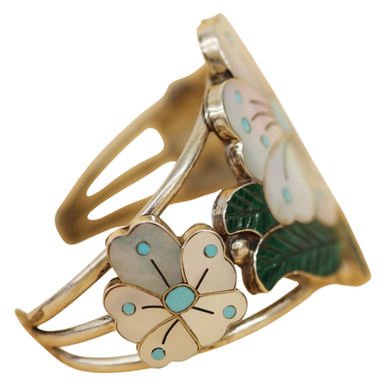 Sonny Wallace Zuni Sterling Inlaid Floral Cuff