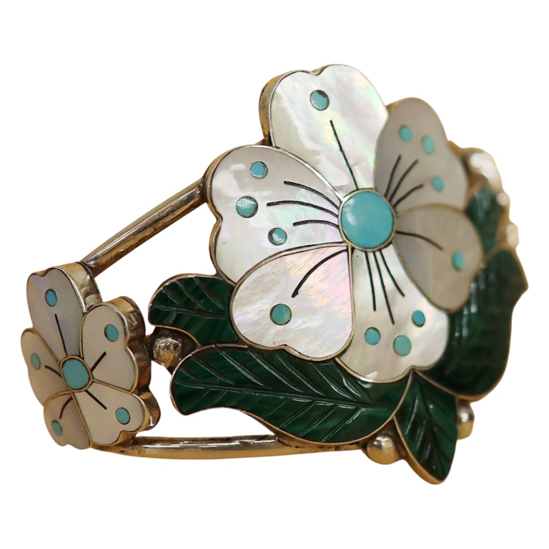 Sonny Wallace Zuni Sterling Inlaid Floral Cuff