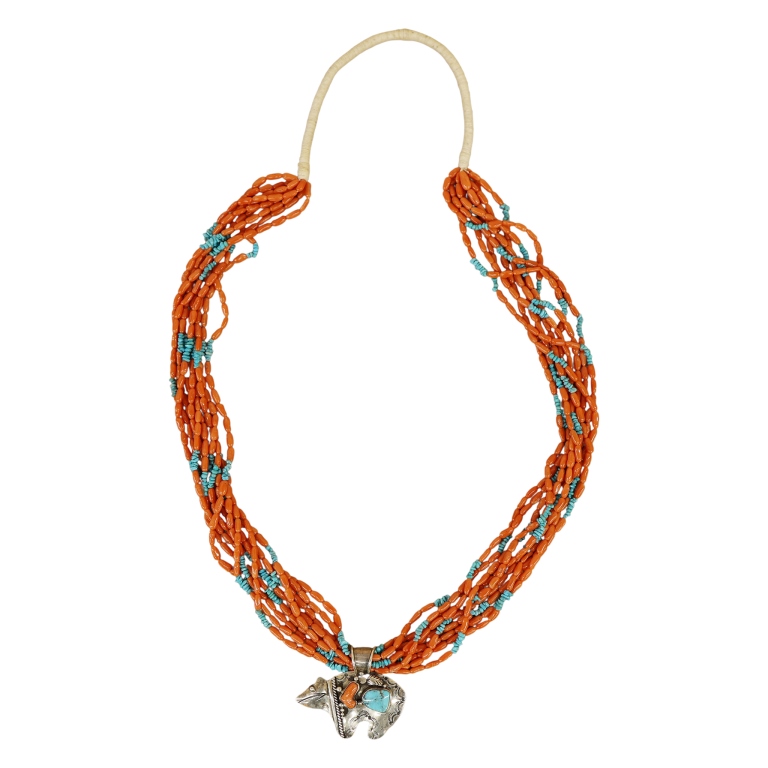 Navajo Coral Turquoise Sterling Bear Necklace
