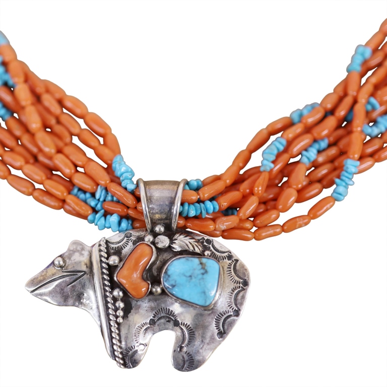 Navajo Coral Turquoise Sterling Bear Necklace