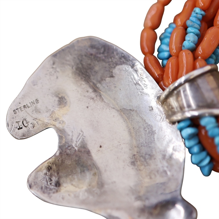 Navajo Coral Turquoise Sterling Bear Necklace