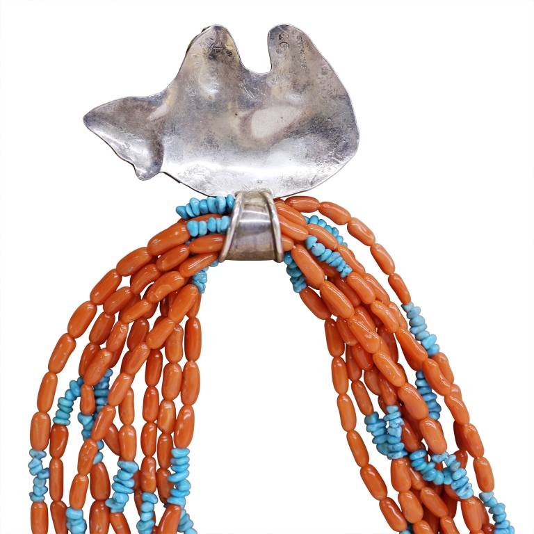 Navajo Coral Turquoise Sterling Bear Necklace
