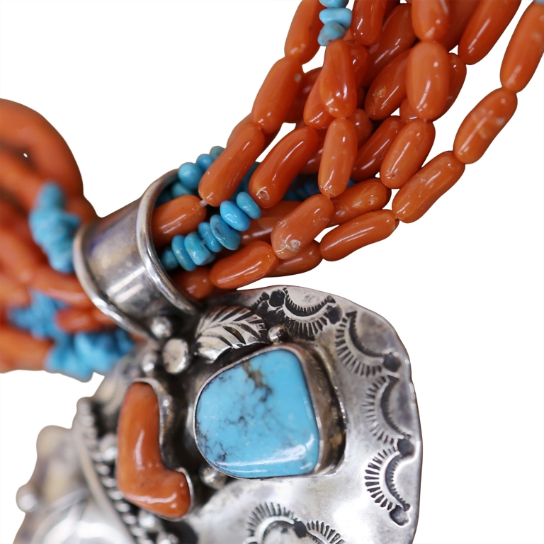 Navajo Coral Turquoise Sterling Bear Necklace