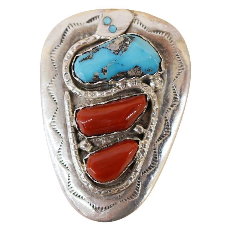 Effie Calavaza Sterling Coral Turquoise Bolo