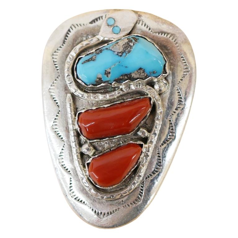 Effie Calavaza Sterling Coral Turquoise Bolo