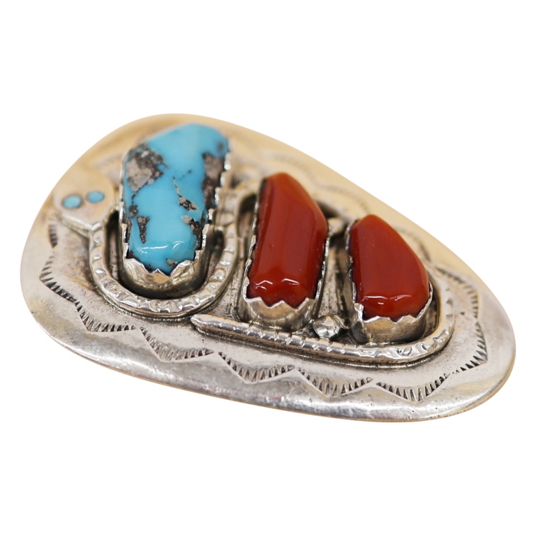 Effie Calavaza Sterling Coral Turquoise Bolo