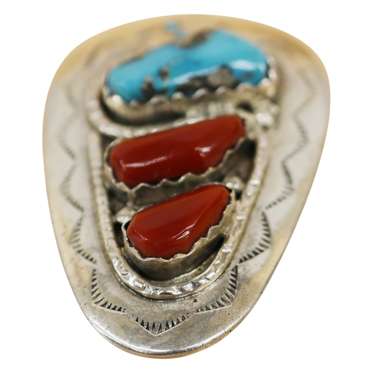 Effie Calavaza Sterling Coral Turquoise Bolo