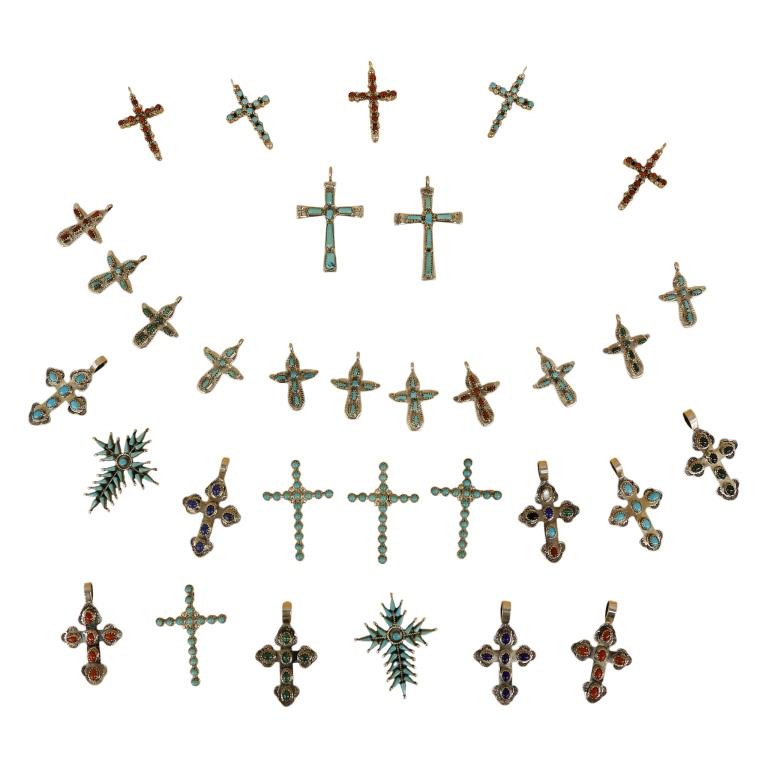 Sterling Zuni Inlaid Stone Cross Pendants Lot
