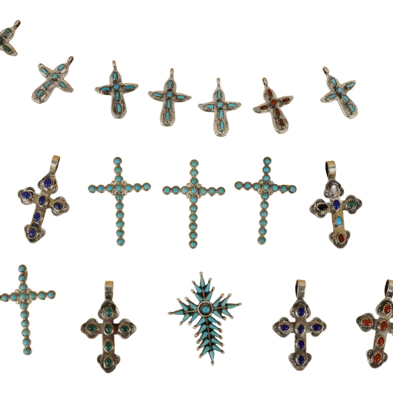 Sterling Zuni Inlaid Stone Cross Pendants Lot