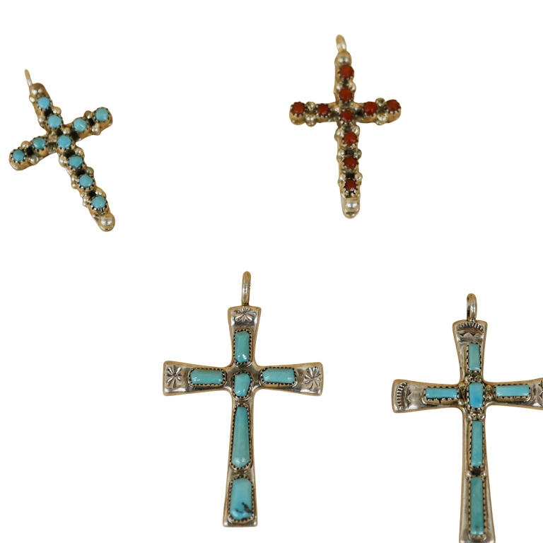 Sterling Zuni Inlaid Stone Cross Pendants Lot