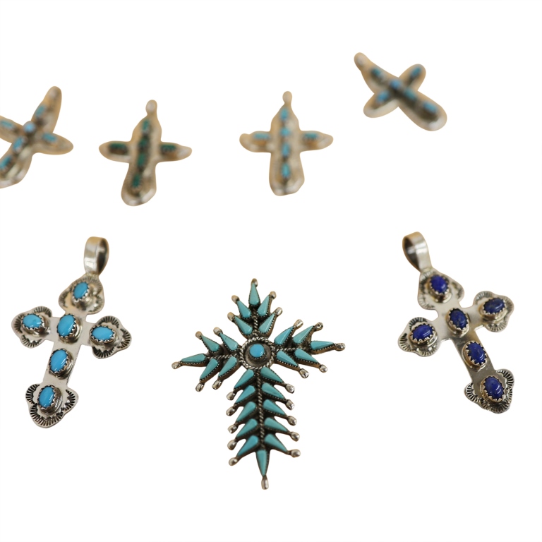 Sterling Zuni Inlaid Stone Cross Pendants Lot