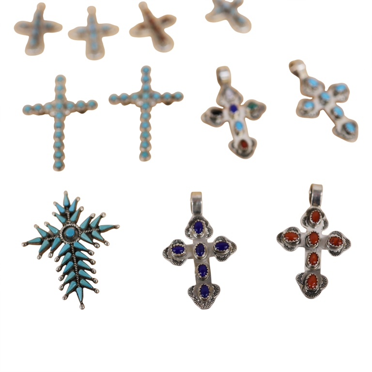 Sterling Zuni Inlaid Stone Cross Pendants Lot