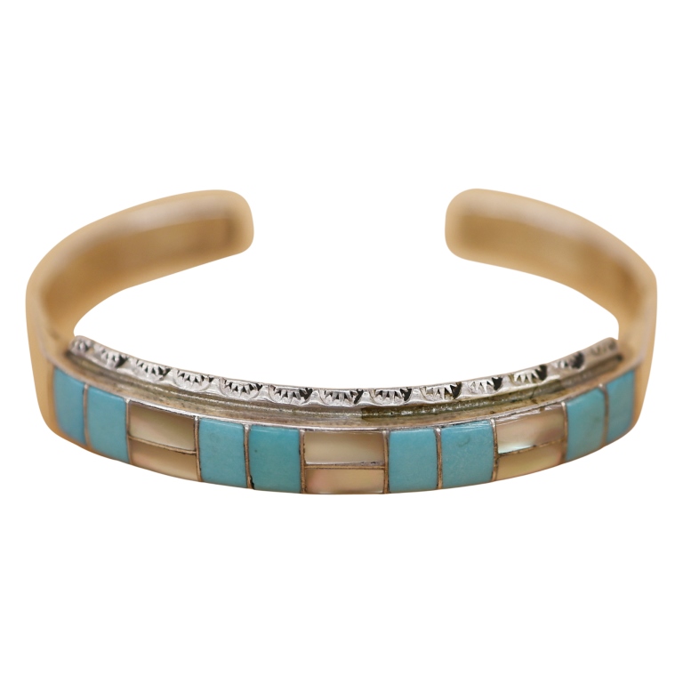 Signed L.L. Sterling Inlaid Turquoise Abalone Cuff
