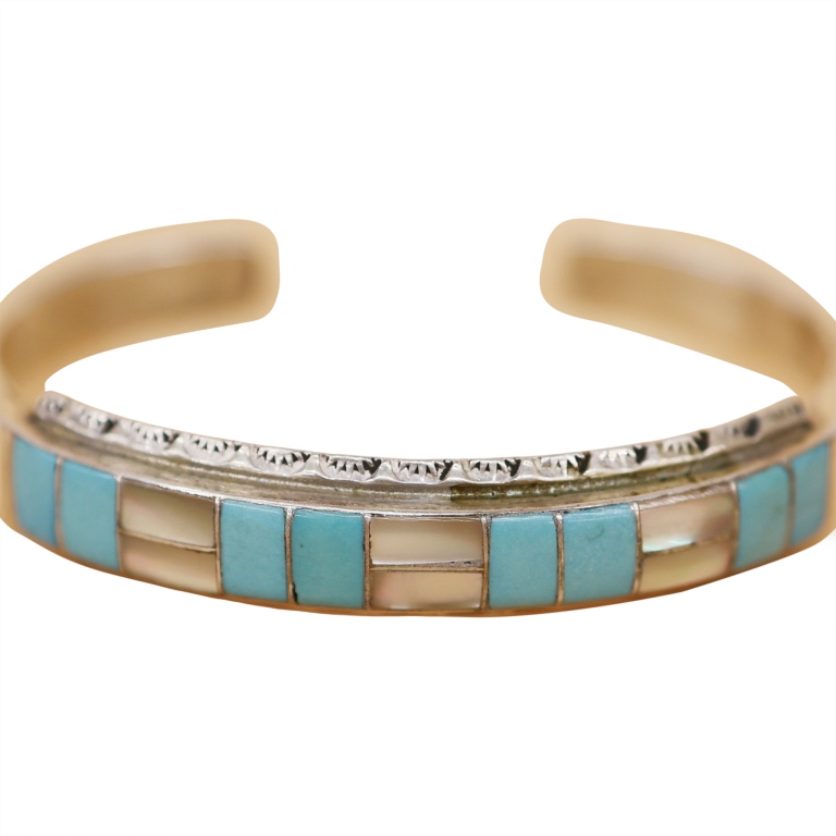 Signed L.L. Sterling Inlaid Turquoise Abalone Cuff