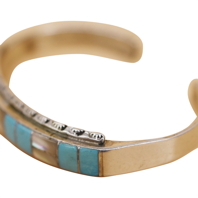 Signed L.L. Sterling Inlaid Turquoise Abalone Cuff