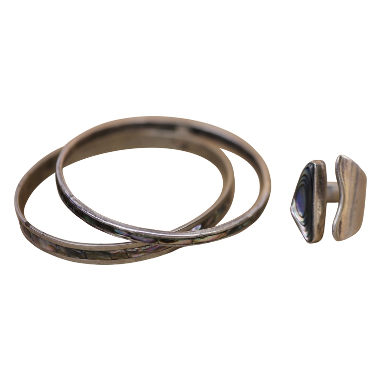 Signed Sterling Abalone Ring & Bangles Lot -Mexico
