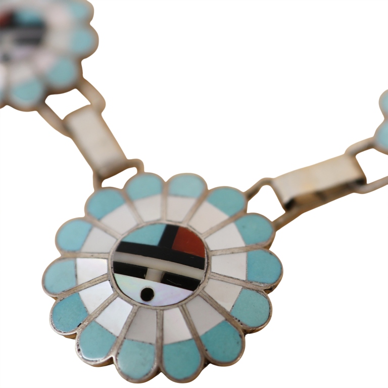 Signed JL Zuni Sunface Inlaid Sterling