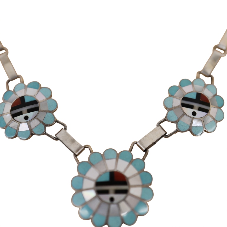 Signed JL Zuni Sunface Inlaid Sterling